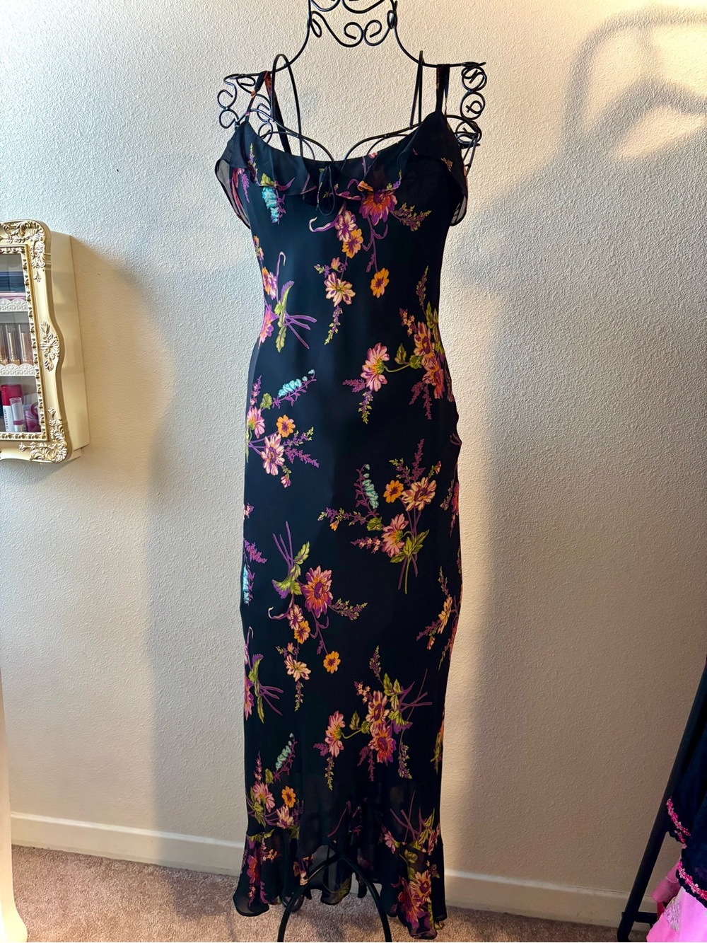 Betsey Johnson Black Maxi Slip Dress with Pink & Yellow Floral Print